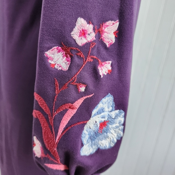 Ann Taylor Shift Dress Purple Floral Embroidered Sleeve V Neck Casual Stretch S - Picture 6 of 15